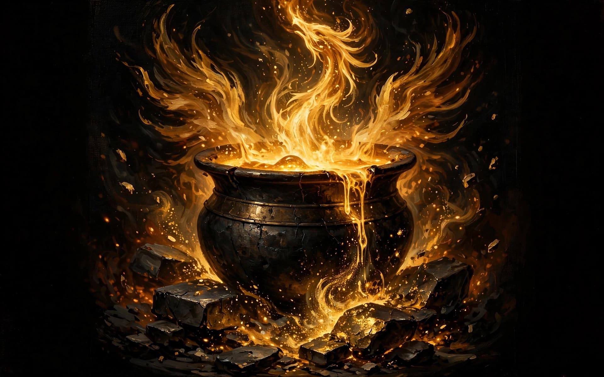 The Alchemist — A crucible pouring molten gold, sparks rising into stars
