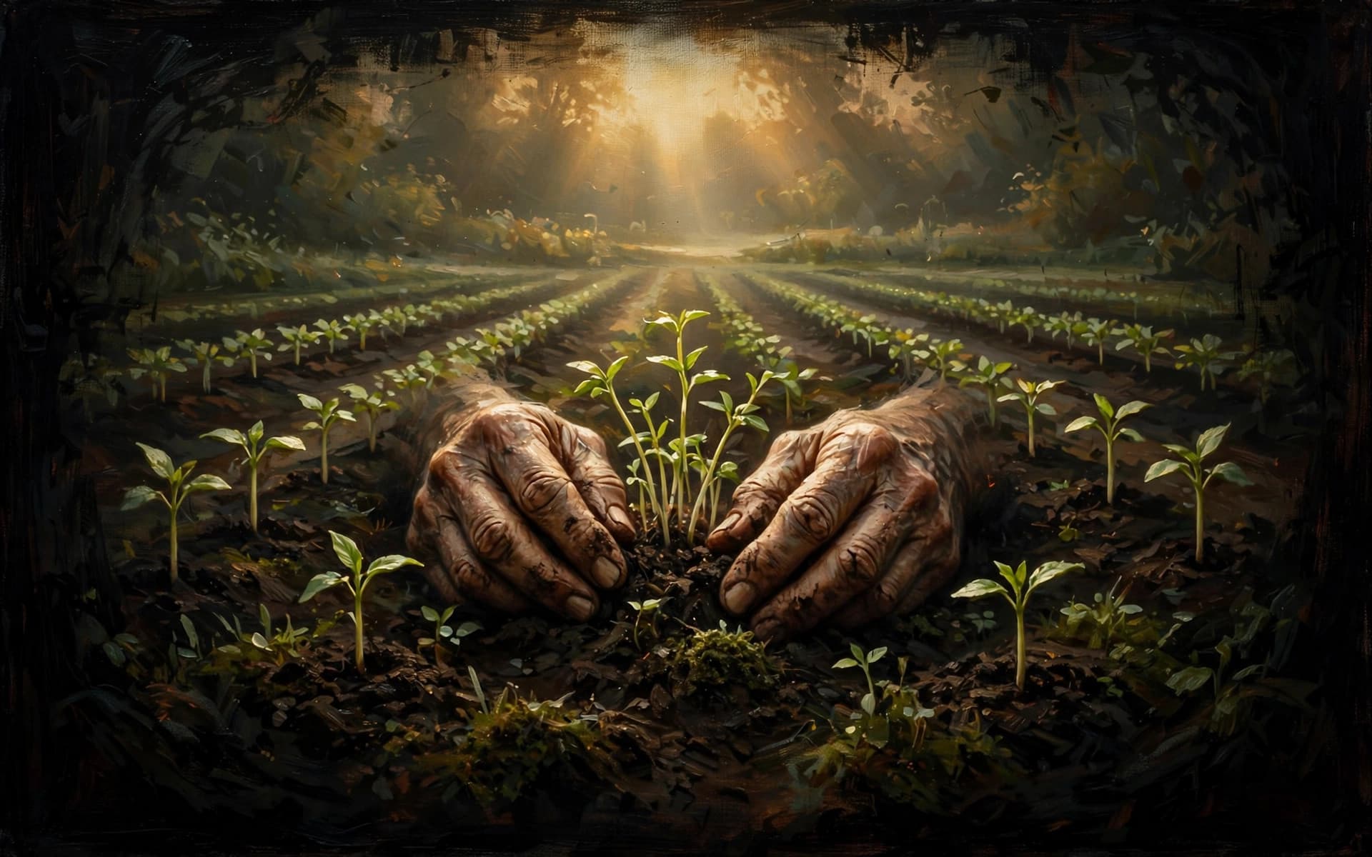 The Gardener — Hands cupping a young seedling, roots and light intertwined