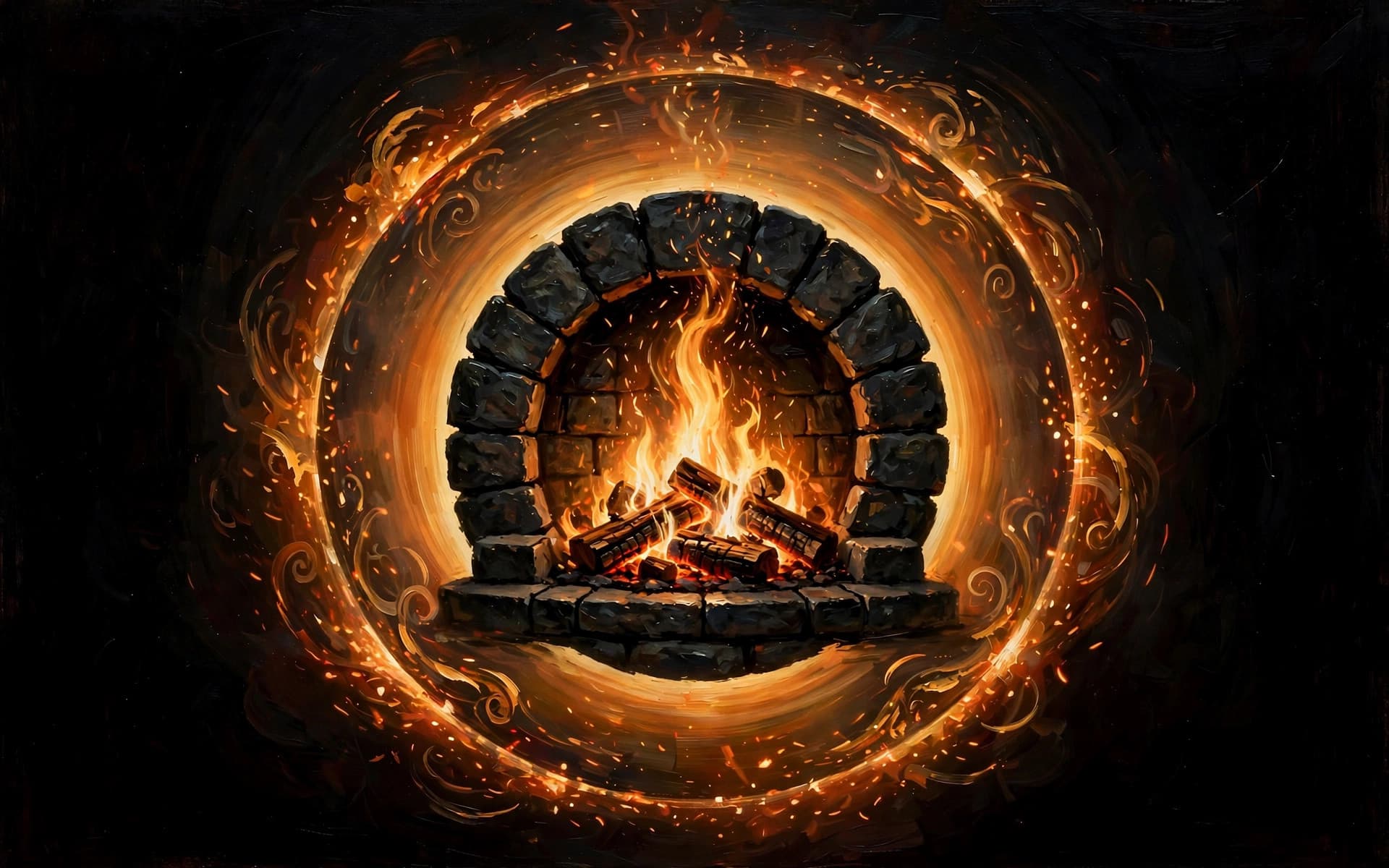 The Hearthkeeper — A warm hearth with open doors, chairs drawn close around the fire