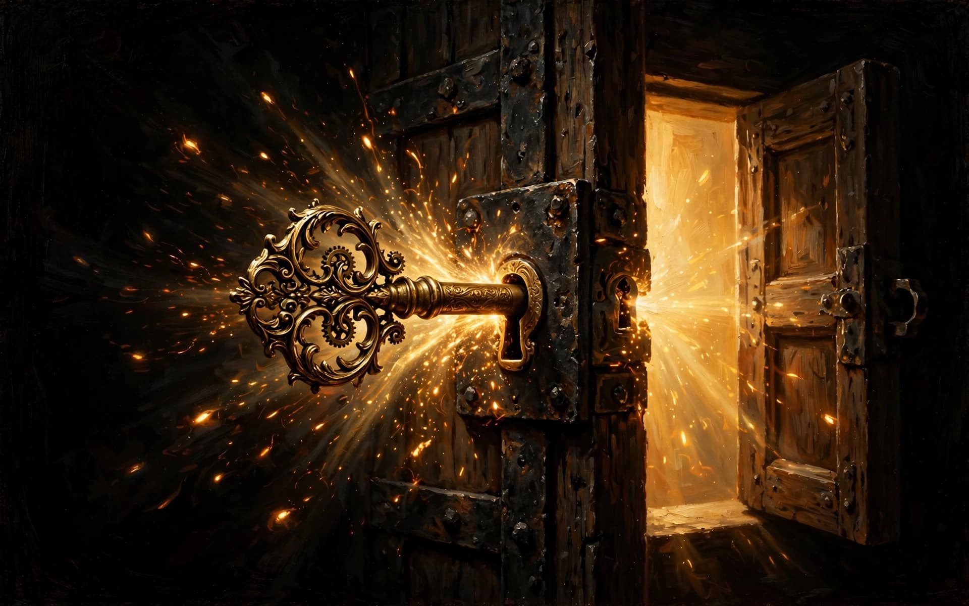 The Keymaker — An ornate key turning in a door of light, the door swinging open