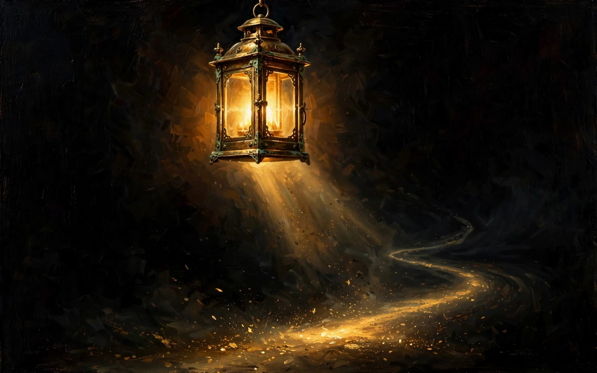The Lantern — A hand holding a lantern aloft on a dark path, warm light spilling forward